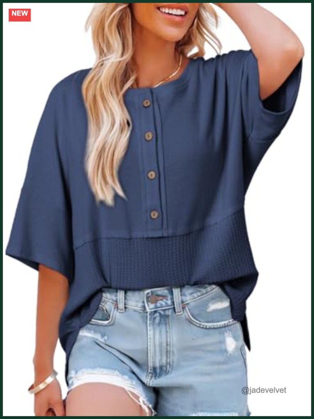 Women's Waffle Knit Top 3/4 Sleeve Oversized Patchwork Button Down Blouse